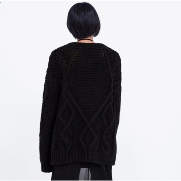 Zara Women's Black Cable Knit Fringe M Sweater Oversized Fisherman Whimsygoth - Picture 3 of 11